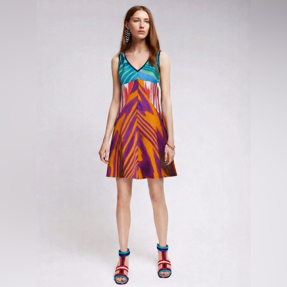 MISSONI Zig Zag Pattern Viscose Patchwork V Neck Empire Dress Sz:42/US10